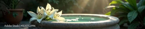Soft light illuminating a baptismal font, white lilies ,  grace,  hope,  chapel