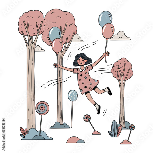 Joyful Girl Floating with Balloons Amidst Whimsical Trees and Lollipops.