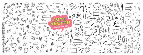 Cute line sketch star, arrow, heart decoration element icon set. Hand drawn sketch doodle cute star, emphasis, flower element. Pen line text decoration shape icon. Hand drawn vector illustration