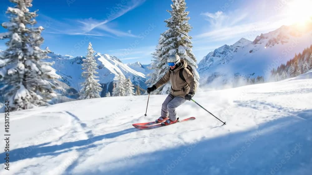 Experienced Skier Carving Through Fresh Powder Snow in a Sunny Alpine Mountain Landscape Experienced Skier Carving Through Fresh Powder Snow in a Sunny Alpine Mountain Landscape