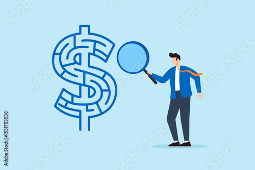 Flat illustration of businessman inspecting dollar maze with magnifier to navigate financial challenges and budget management strategy