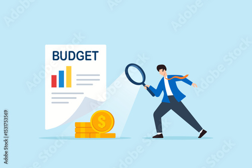 Flat illustration of businessman revealing hidden coins under budget sheet with magnifier light to uncover financial insights and spending analysis
