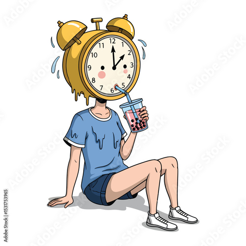 Cartoon Figure with Alarm Clock Head Sipping Bubble Tea Seated on the Ground.