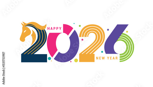 2026 abstract new year greeting clipart design. Year of the horse 2026 clip art in colorful text, calligraphy and typography for new year invitation in white background vector illustration. 
