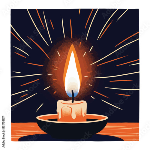 Illuminated Candle in Dark Setting with Radiant Rays.