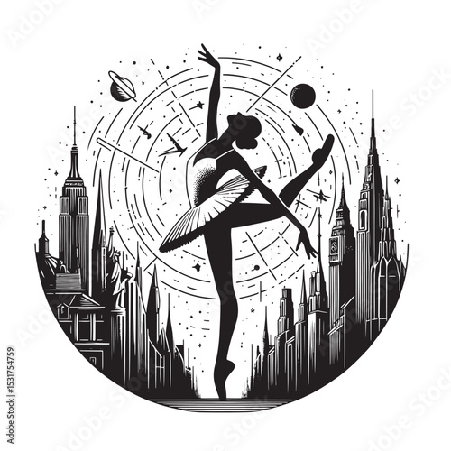 Ballerina in pointe shoes on the background of the city. Vector illustration-01.eps