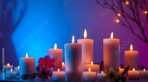 Deep ultraviolet and warm candlelight illuminate a group of white pillar candles in a cozy evening setting. Flickering flames cast vivid purple hues in high contrast 
