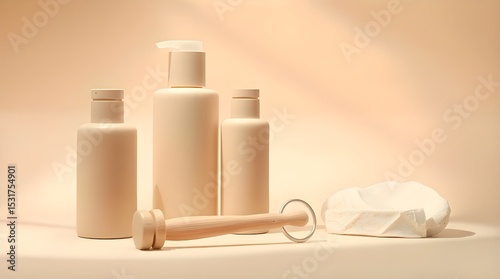 Sculptural clay art portrays beige skincare products and a wooden roller on a neutral background in a soft, dreamy atmosphere.  The split composition features modeled shapes and textured surfaces