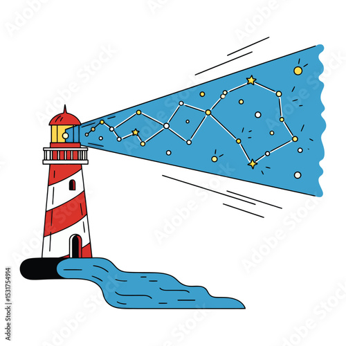 Lighthouse Beam Illuminates Celestial Constellation.