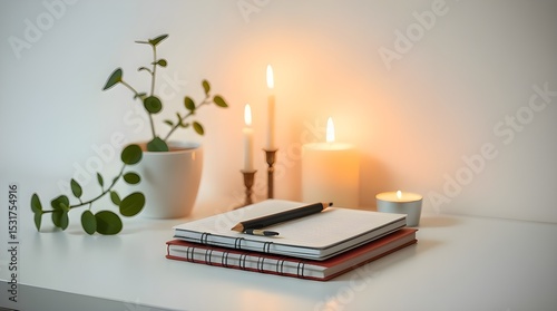 Clean minimalist workspace with a green plant and notebooks cool color blurred bokeh effect sharp subject focus soft background featuring blues greens and purples 