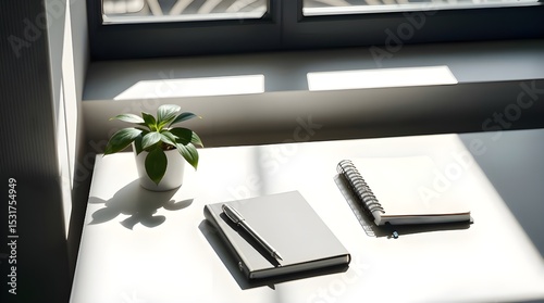 Clean minimalist workspace with a green plant and notebooks elegant and graceful high contrast dramatic lighting intense shadows refined features 