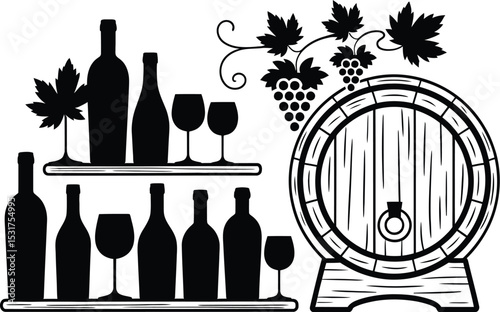 Silhouette of wine bottles and glasses on shelves with a barrel and grapes