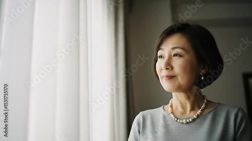Serene Asian Woman Gazing out Window, Thoughtful and Reflective