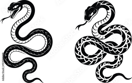 Two stylized black and white snake illustrations with open mouths shown