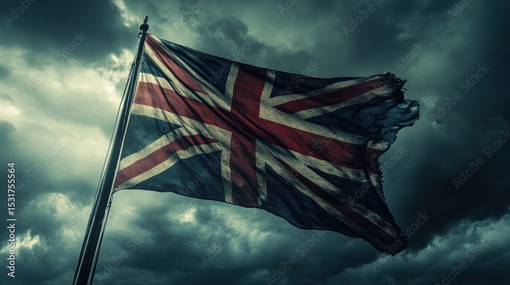 Obraz premium a patriotic british image with a british flag waving in the background with a dark moody sky.