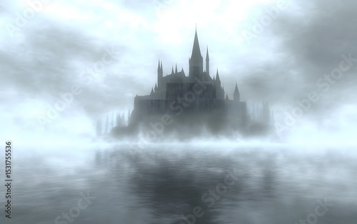 A dark, imposing castle shrouded in mist over a still body of water.