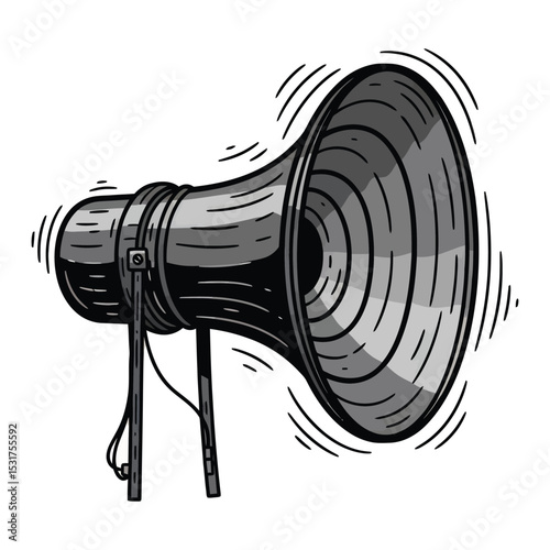 Detailed Illustration of a Vintage Megaphone with Sound Wave Emanations.