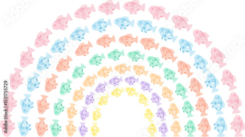 Rainbow-Shaped Arc of 7 Pastel-Colored Fish Swimming Together