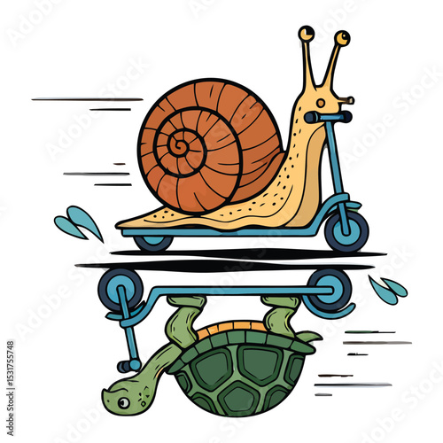 Cartoon Snail on Scooter with Turtle Reflection Speeding with Water Droplets.