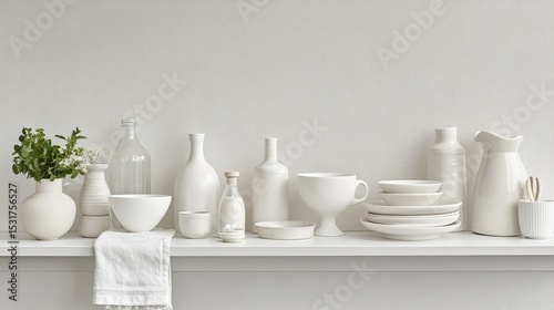 Wallpaper Mural White ceramic and glass kitchenware arranged on a shelf. Torontodigital.ca