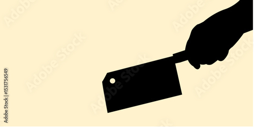 Silhouette of hand holding butcher cleaver with wooden handle concept design. Icon of gesture cutting meat with a meat cleaver. Vector illustration.