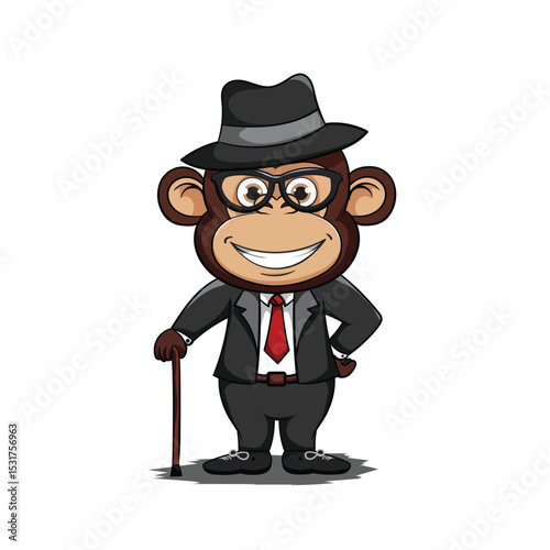 Chibi monkey in fancy mafia costume, standing with stick, white background.