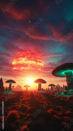 Alien landscape with glowing mushrooms and fiery sun