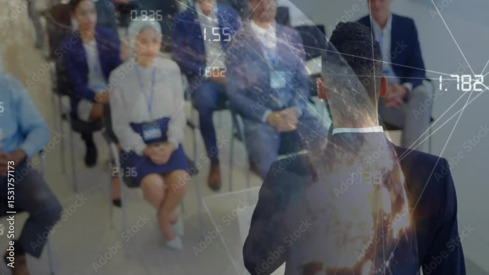 Male presenter adjusting mic and presenting business insights with globe numeric overlays animating