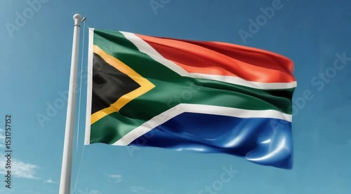 South African national flag waving proudly against a clear blue sky