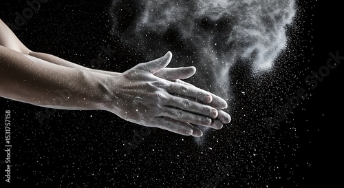 A person clapping, surrounded by a cloud of powder 