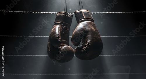Vintage boxing gloves hanging in a dark boxing ring. The gloves are worn and show signs of use, adding a sense of history and nostalgia.