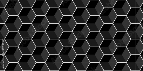  Black cube square geometric tile hexagon mosaic wall grid wallpaper. black and gray geometric block cube structure texture background.	
