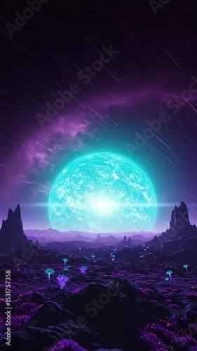 Alien landscape with luminous plants and a large celestial body