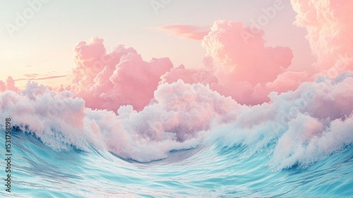 a wave of water and clouds in pastel colors and a pink and blue hues, with a light pink and blue hued background of a white and pink.