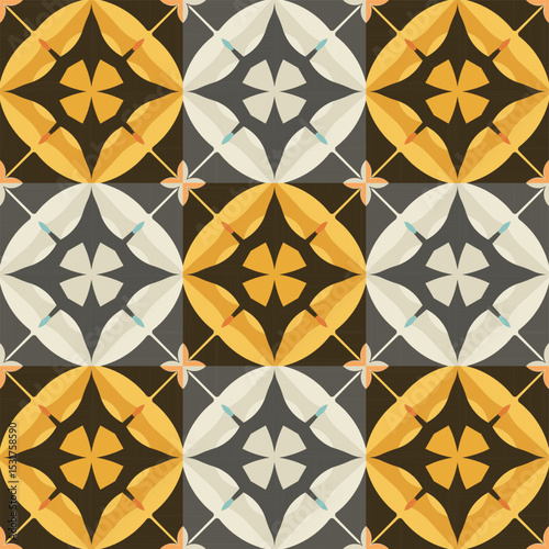 Geometric flower patterns, interspersed with yellow and black gray colors, vector patterns are used for wallpapers, tile curtains, etc.