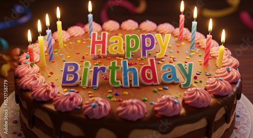 Vibrant birthday scene featuring lit candles on cakes, festive balloons, and colorful decorations, creating a joyful party atmosphere perfect for celebrating life s special moments.