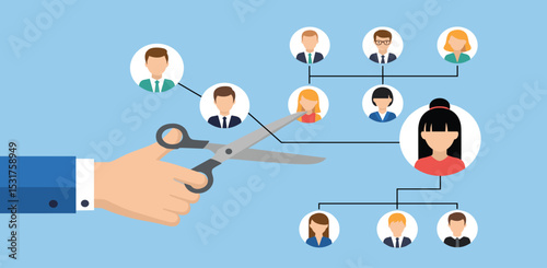 Downsizing or layoff employee, contract termination, loss job from redundancy, dismissal workforce, restructure company, unemployed or outsourcing, businessman hand cut job from organization .