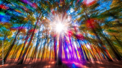 Enchanted forest with colorful bright sunlight