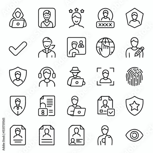 Cyber Security and Identity Protection Line Icon Set Featuring Hacking, Authentication, and Privacy Symbols
