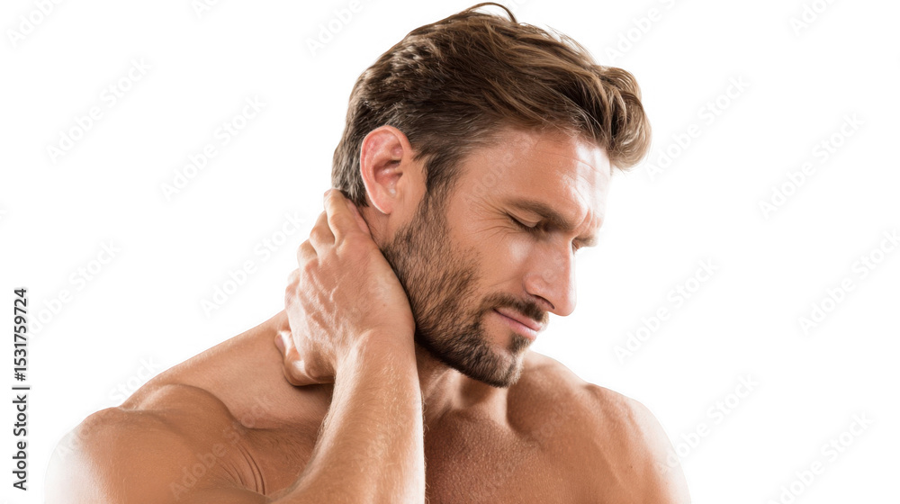 Obraz premium Shirtless man with closed eyes, experiencing intense neck pain while touching his neck, set against a transparent background, illustrating the struggle with discomfort and tension