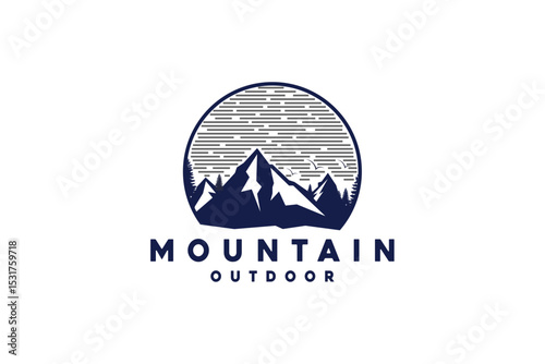 Outdoor Mountain Logo - circle emblem for mountain climbing, nature hiking basecamp, pine tree forest, nature adventure badge