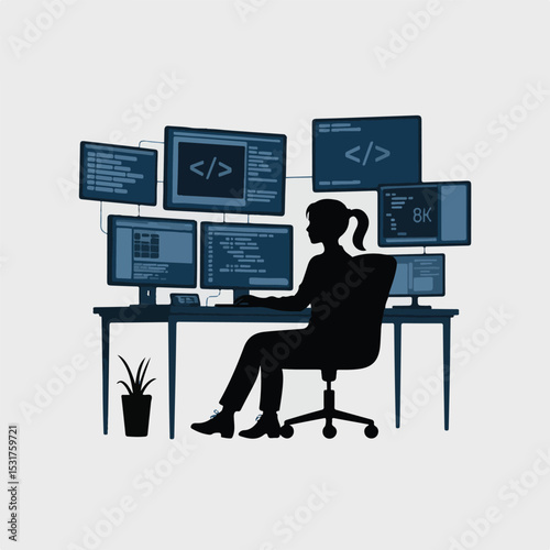 Silhouette of Female Programmer Working on Multiple Screens in Software Development Environment
