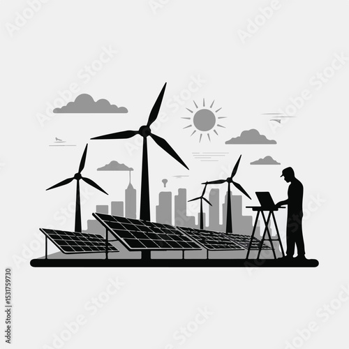 Silhouette of Engineer Working on Solar Panels and Wind Turbines in Smart Eco City
