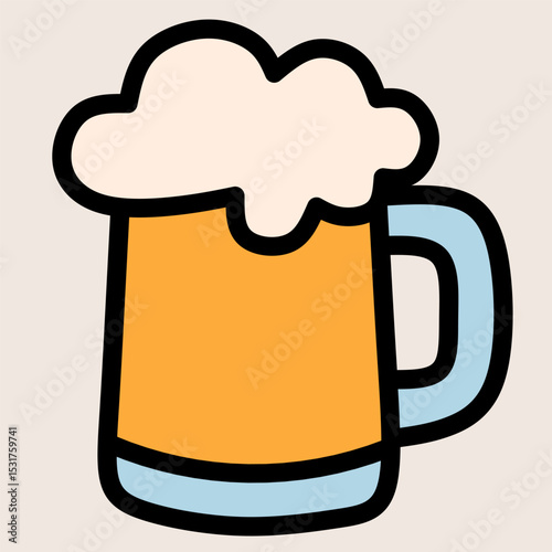 A cheerful vector icon of a beer mug with frothy foam, in flat style. Ideal for summer BBQ, party drinks, alcohol-related content, bar themes, and food or celebration designs.