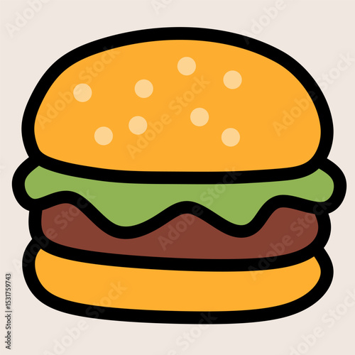 Tasty cartoon hamburger with bun, meat, and lettuce in flat design. Ideal for fast food, restaurant menu, BBQ, party snacks, or fun food illustration needs.
