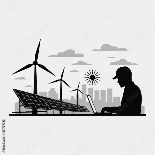 Silhouette of Engineer Working on Laptop with Solar Panels and Wind Turbines in Sustainable City
