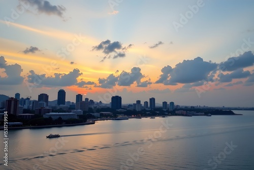 enchanting evening skyline of victoria island, lagos, nigeria, subject silhouette on the right, with vast copy space on the left for photos.