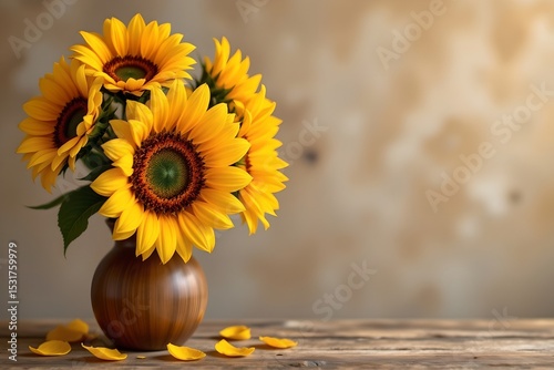 radiant sunflower petals in wooden vase, subject on left, copy space on right.