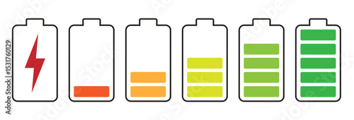Battery charging indicator icon in white background. Fully charged and discharged battery in 0 to 100 % level icon. Vector illustration.