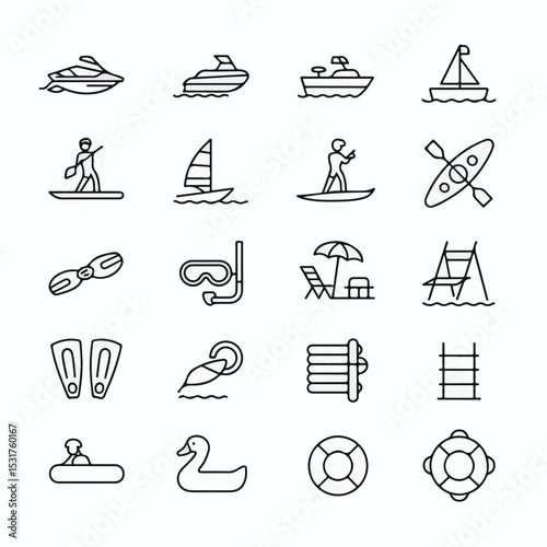 Water Sports and Summer Beach Line Icon Set for Recreation and Adventure
